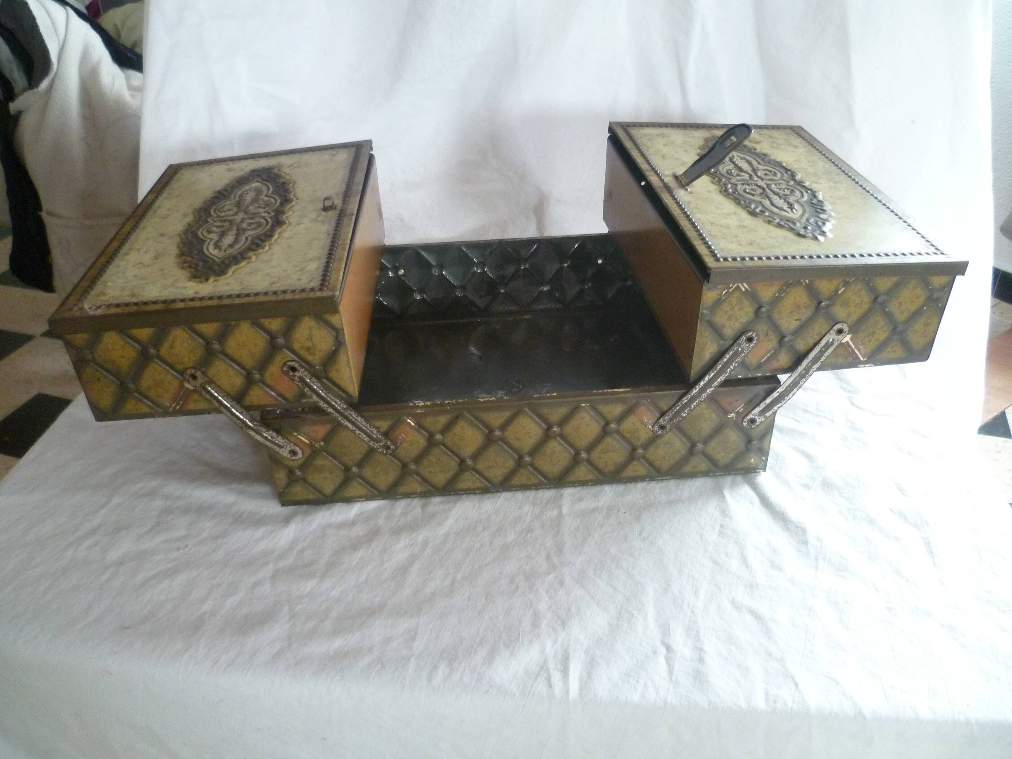 Iron sewing box, old Victoria biscuit tin, collector's item