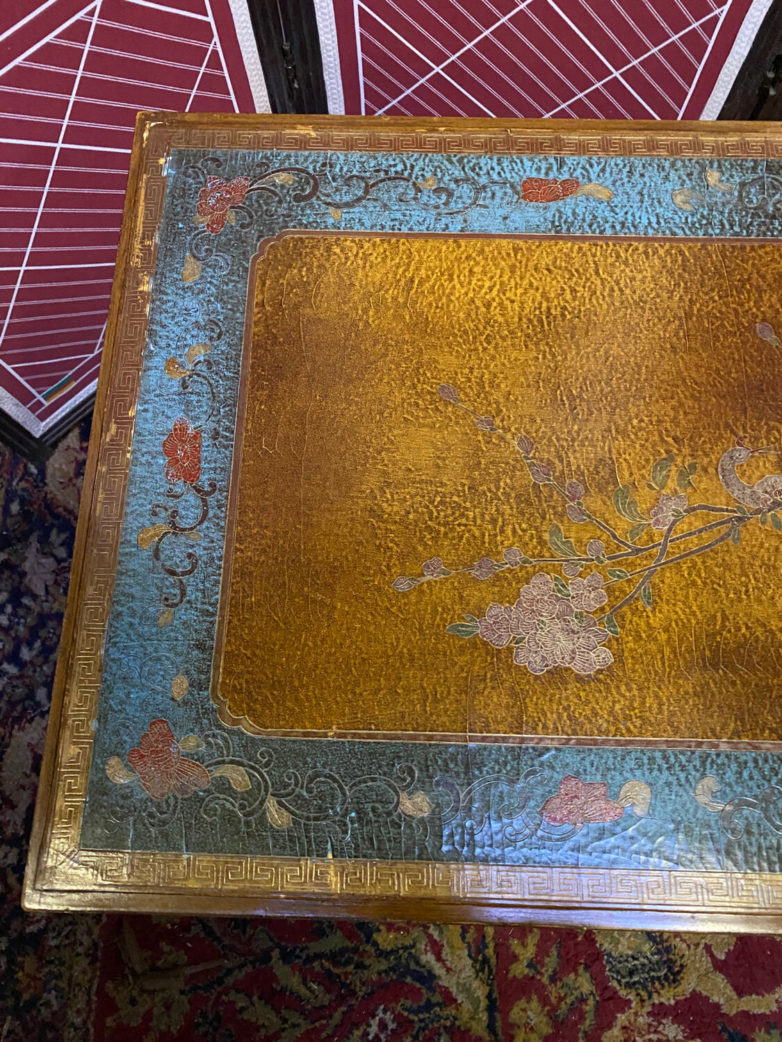 Chinese, Asian wooden coffee table nature peacock scene