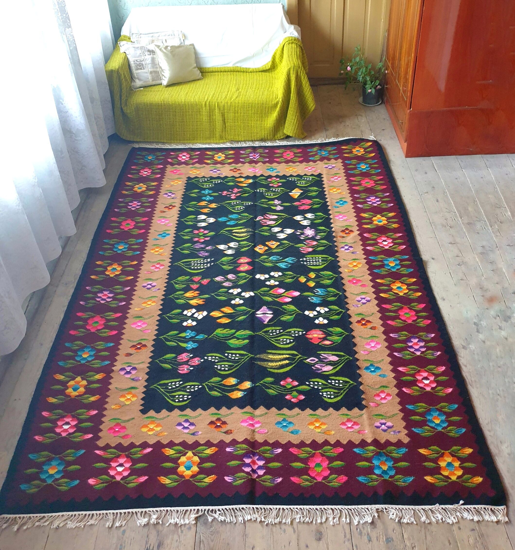 Tapis Oltenian floral, tissé à la main, Roumanie