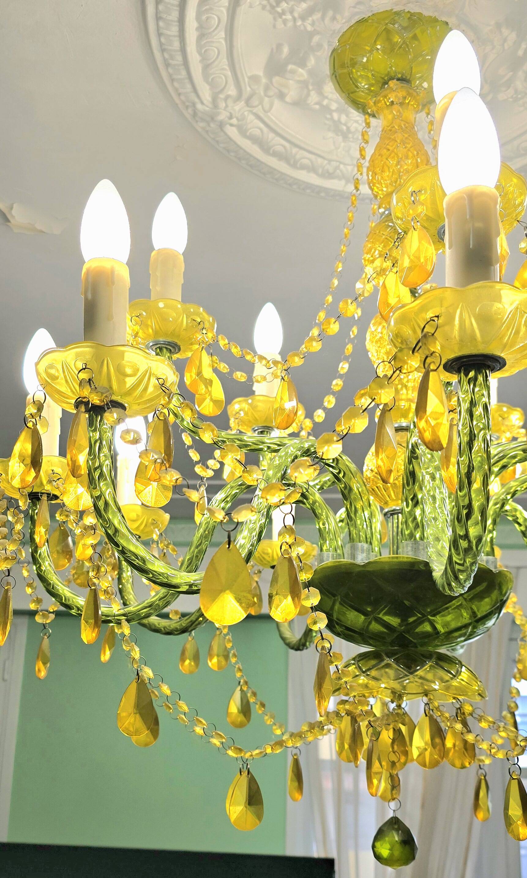 Large chandelier with glass and polypropylene pendants – 14 lights