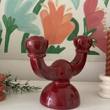 Burgundy enameled ceramic candlestick / candelabra signed CS
