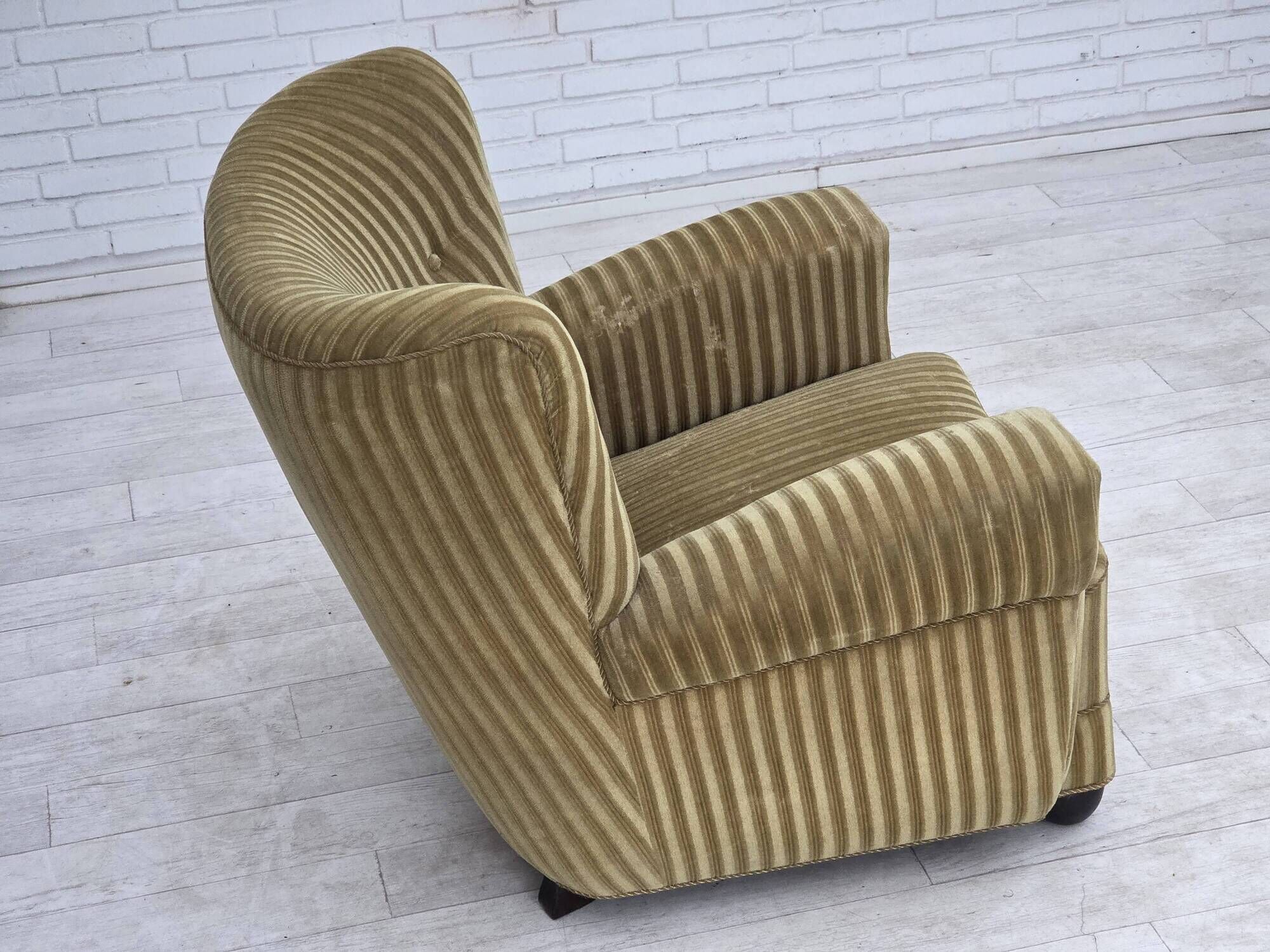 1960s, Danish relax armchair, furniture velour, oak wood.