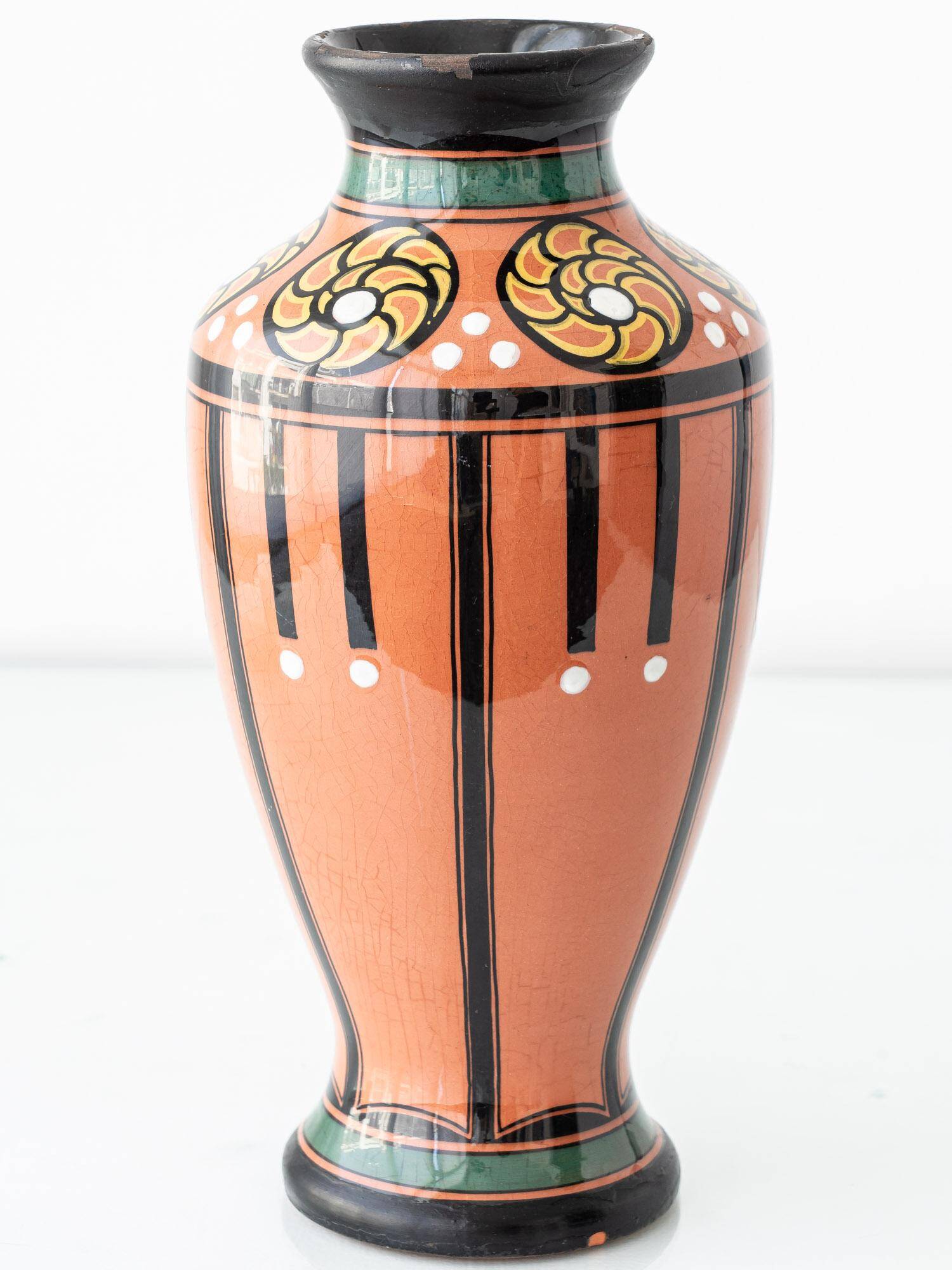 Pair of Dutch Art Deco vases, hand-painted Gouda-style ceramic with bold glazing.