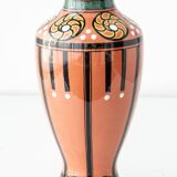 Pair of Dutch Art Deco vases, hand-painted Gouda-style ceramic with bold glazing.