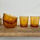2 vintage amber bowls and 2 glasses