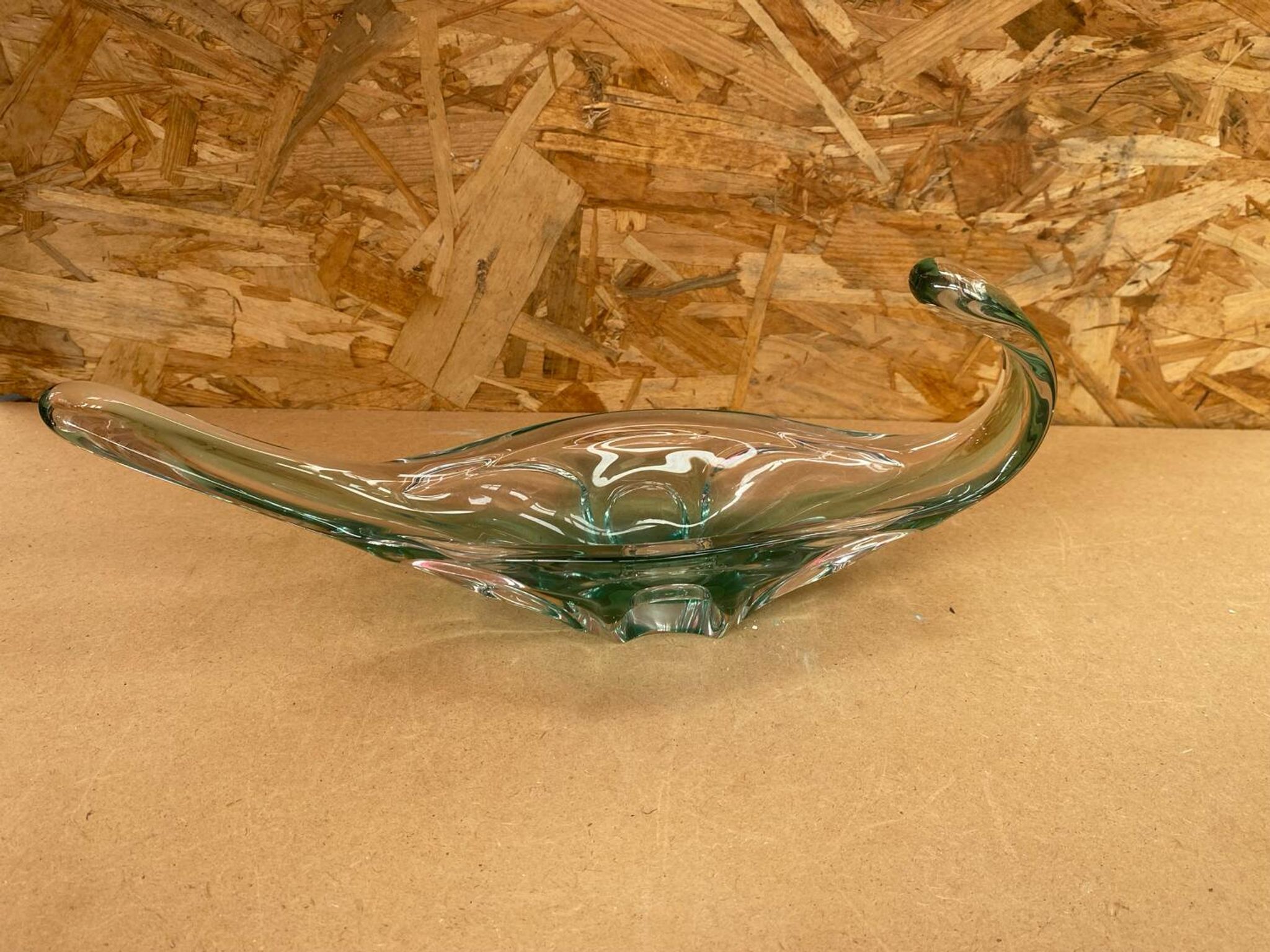 Ancien Vide Poche Coupe Cristal Vert & Transparent Vintage #B087