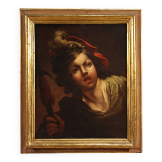 Antique French painting from the 18th century, portrait of a soldier