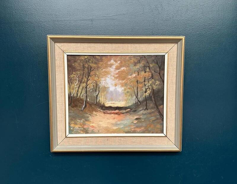 Mid Century Oil on Canvas "Autumn Forest Road" by E. Sjöborg