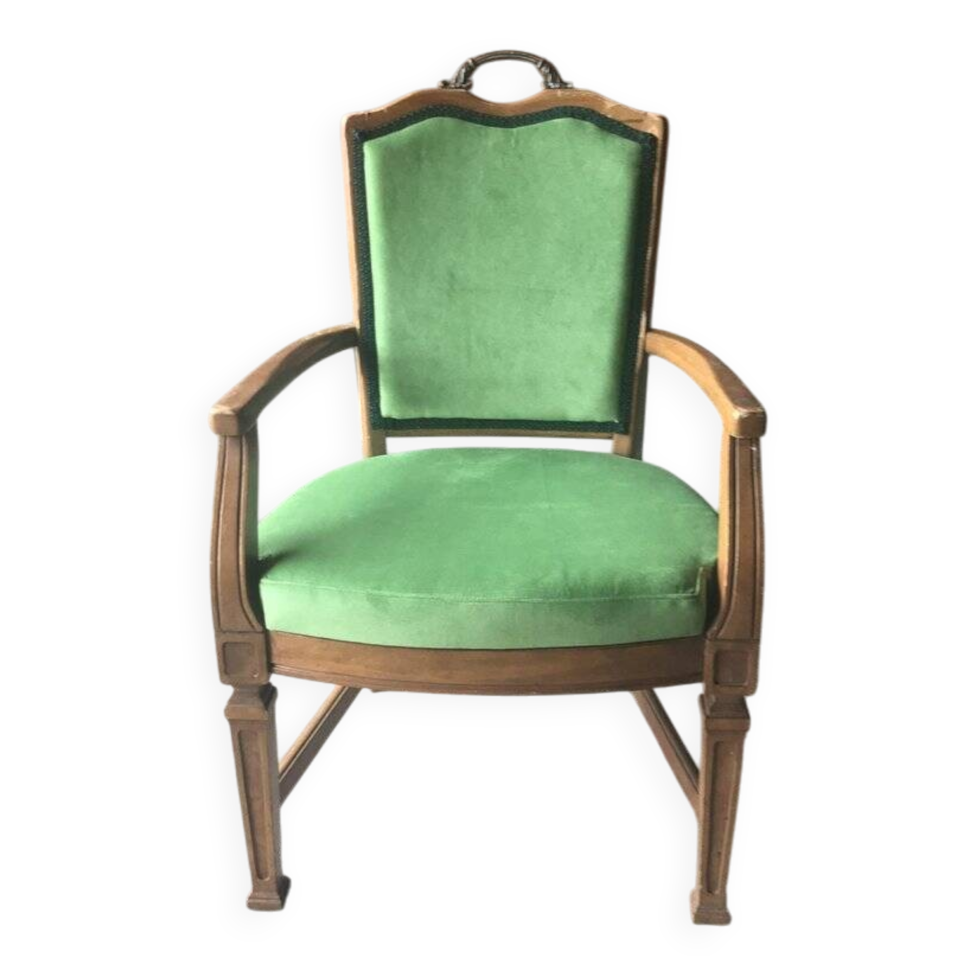 Fauteuil ancien français vert en tissu, cadre bois sculpté, style 1890-1919