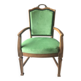Fauteuil ancien français vert en tissu, cadre bois sculpté, style 1890-1919