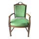 Antique French green upholstered armchair, carved wooden frame, style 1890-1919.