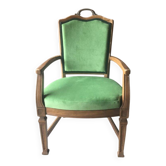 Fauteuil ancien français vert en tissu, cadre bois sculpté, style 1890-1919