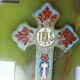 Vintage wall-mounted holy water font in onyx and cloisonné enamel, Italy, 1960s-1970s.
