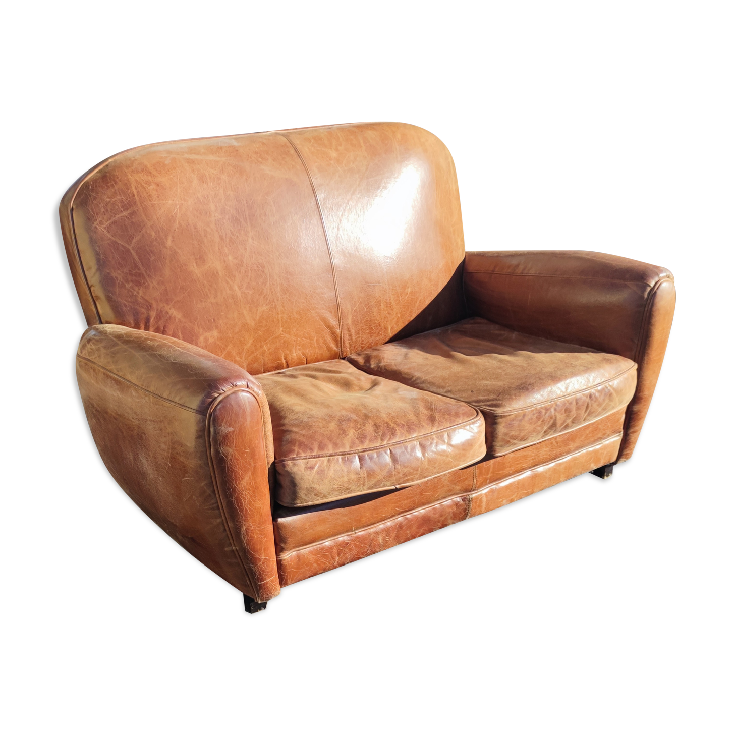Club sofa 2 places in leather beautiful patina around 1980