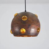 Large, globular brutalist hanging lamp in copper / glass by Peill & Putzler