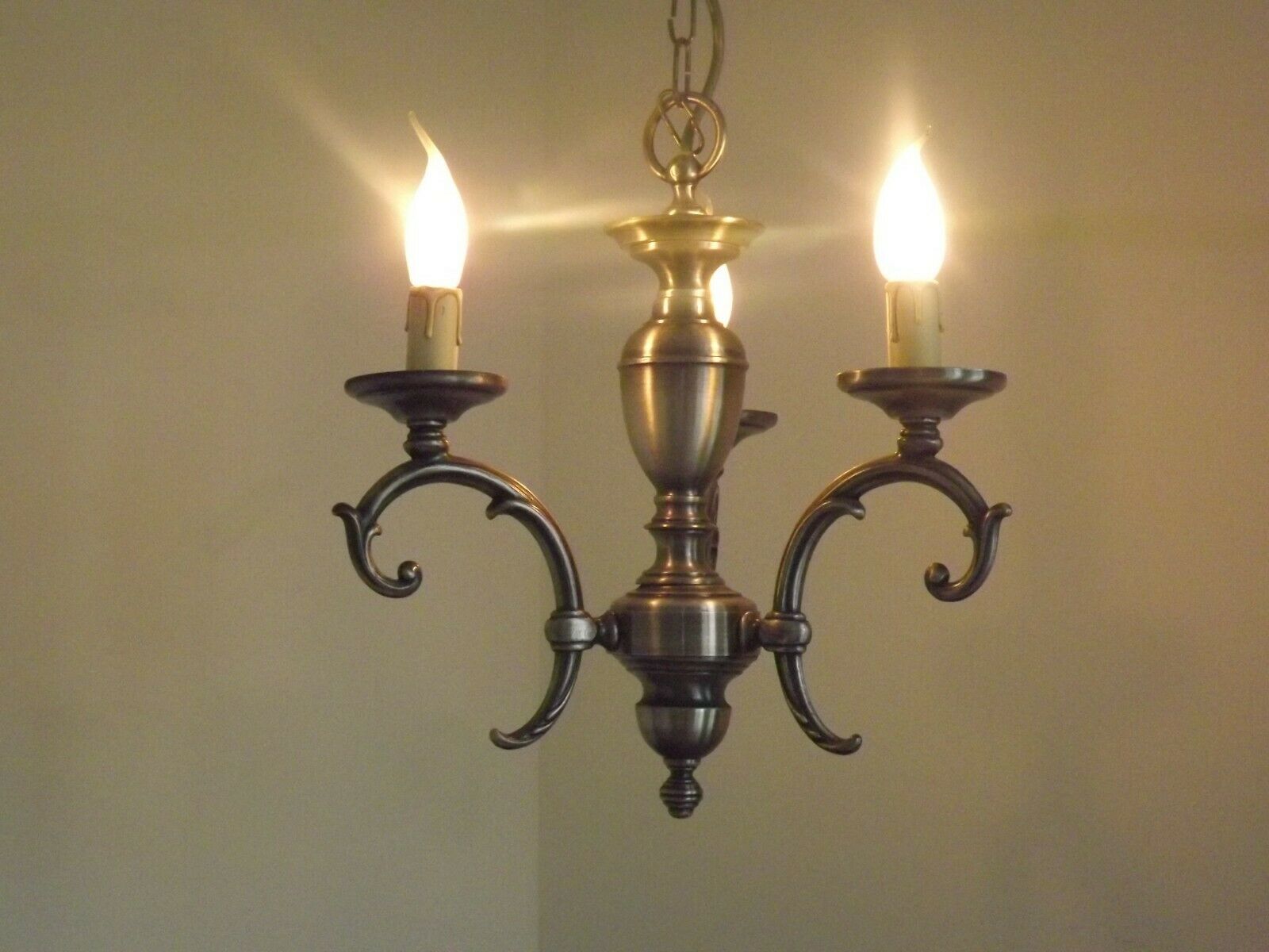 French brushed silver metal 3 light chandelier scroll leaf detail