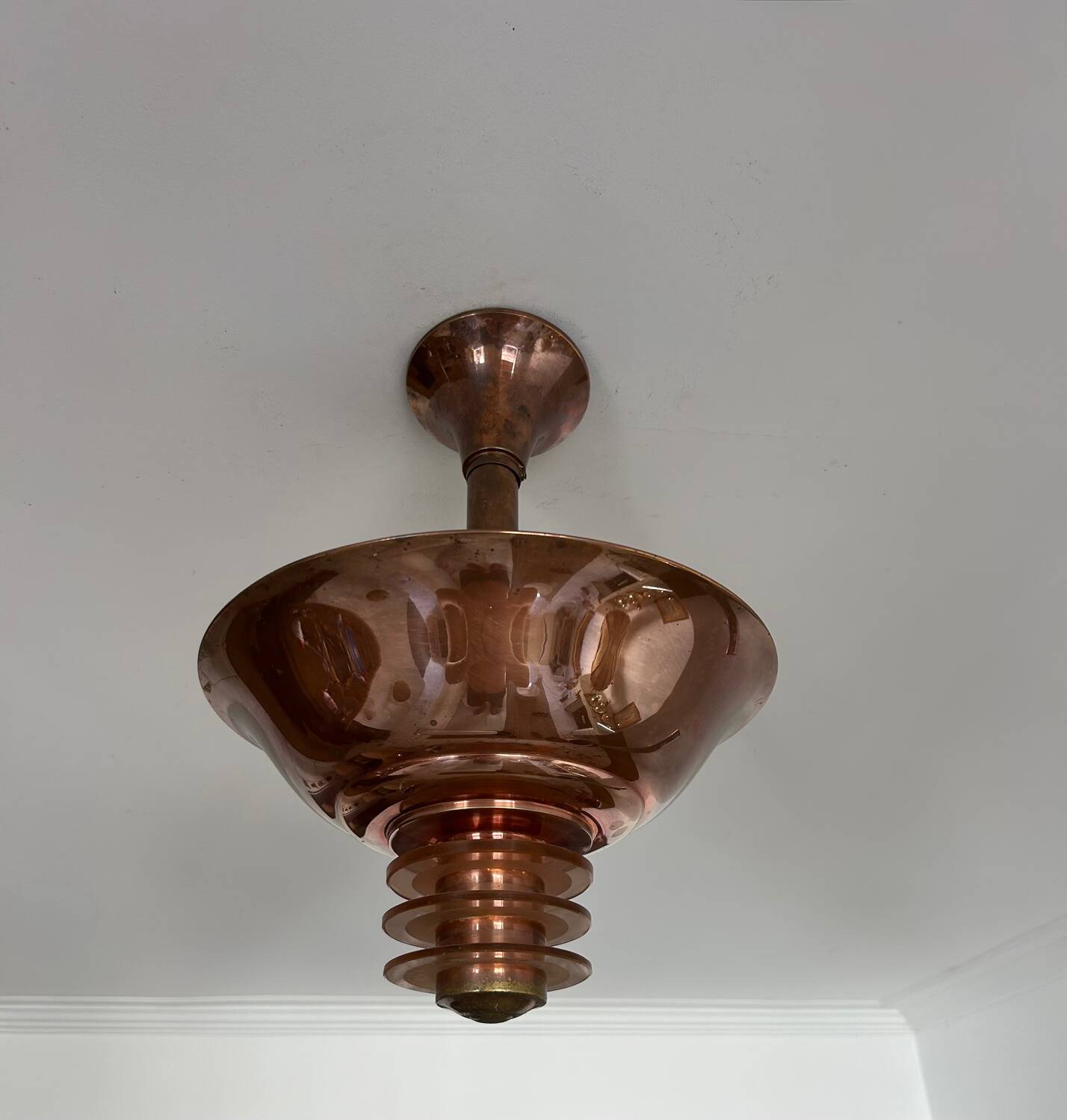 Vintage modernist chandelier, copper and glass, France 1930