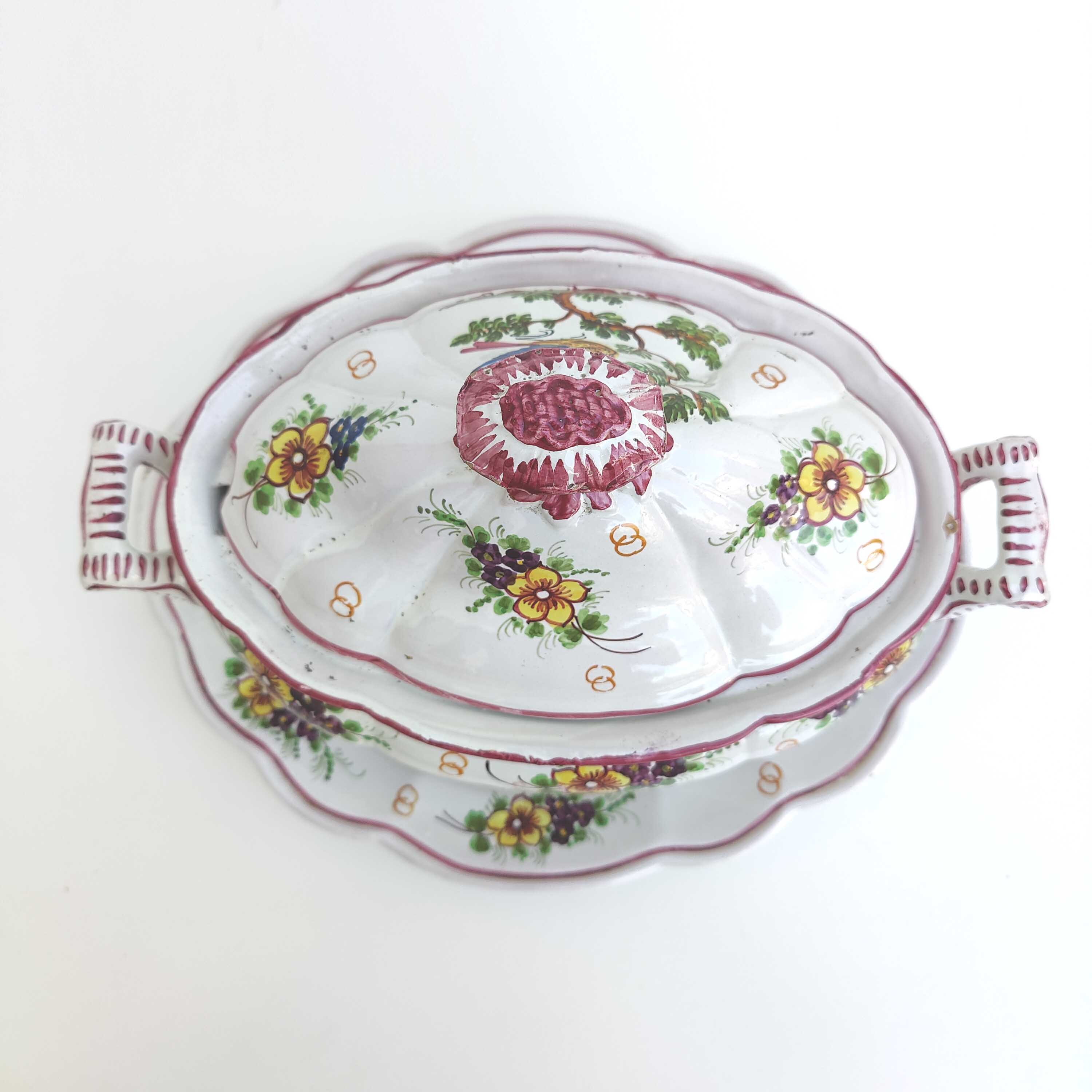 Italian porcelain soup tureen with bird and flower decor