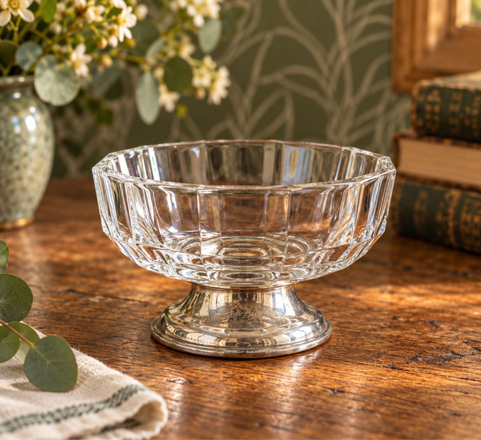 Small Art Deco glass bowl with facets & silver-plated metal.