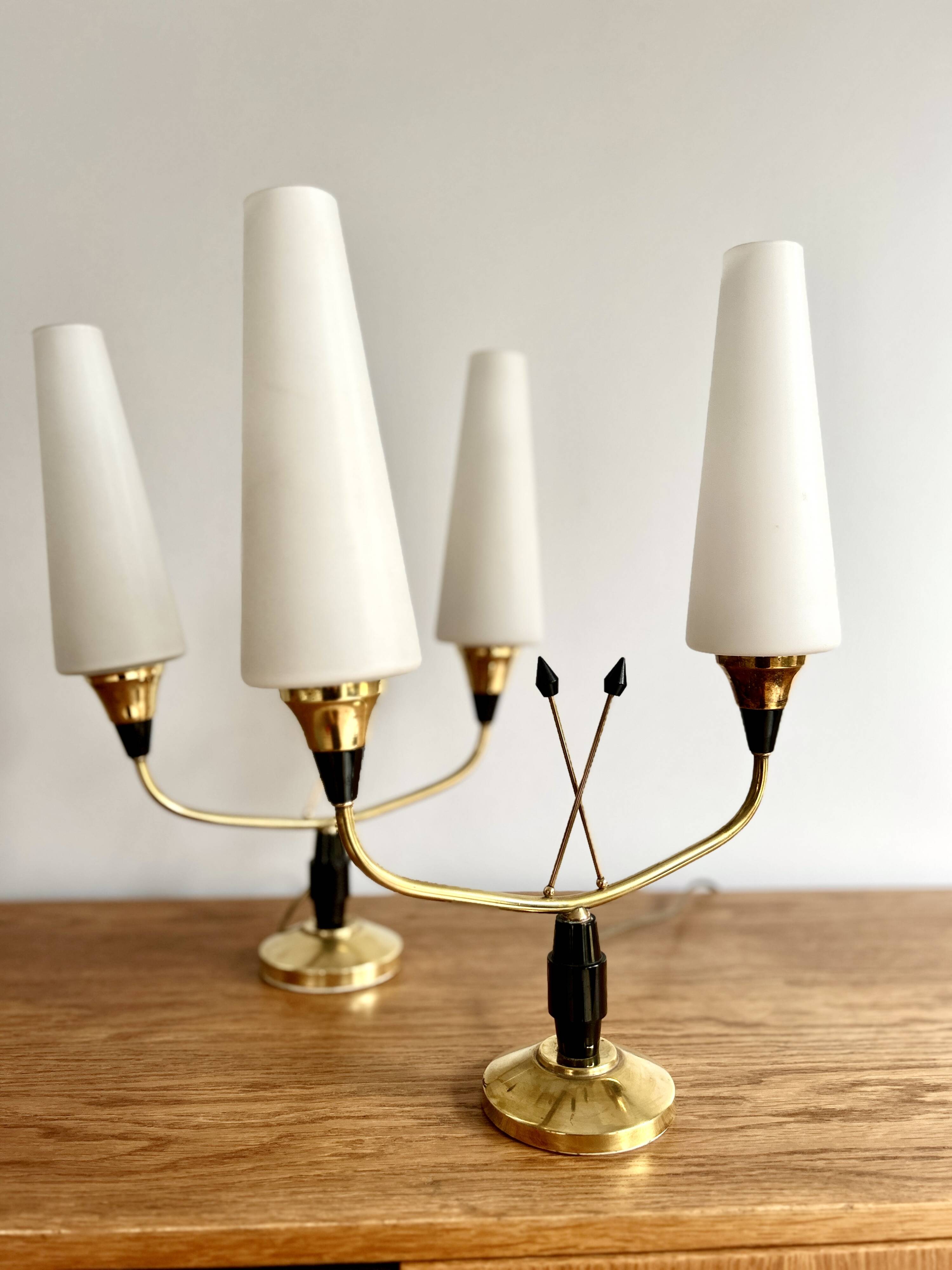 Pair of brass and opaline lamps from the 1950s.