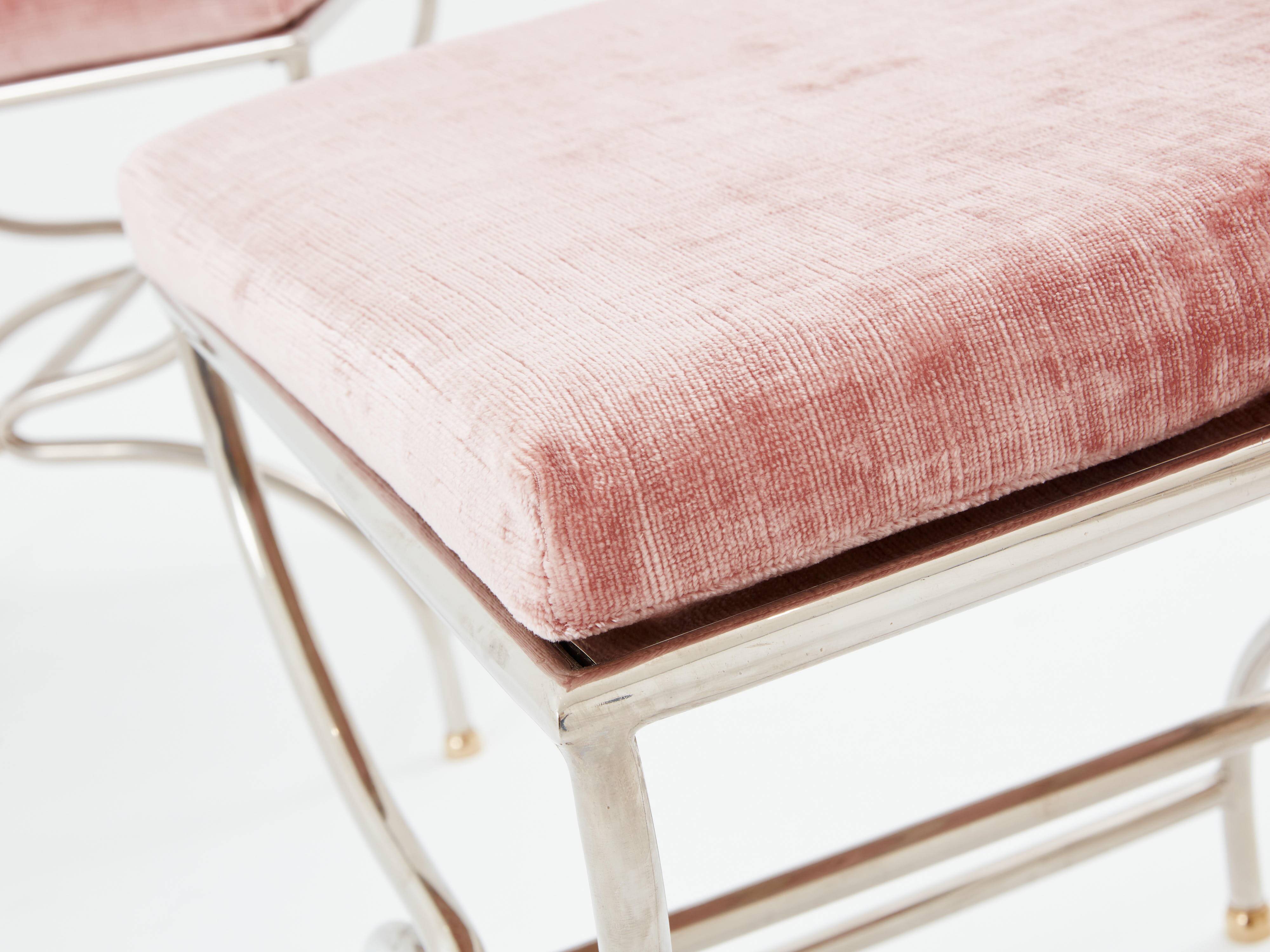 Maison Jansen rare set of 12 steel brass pink velvet chairs 1960