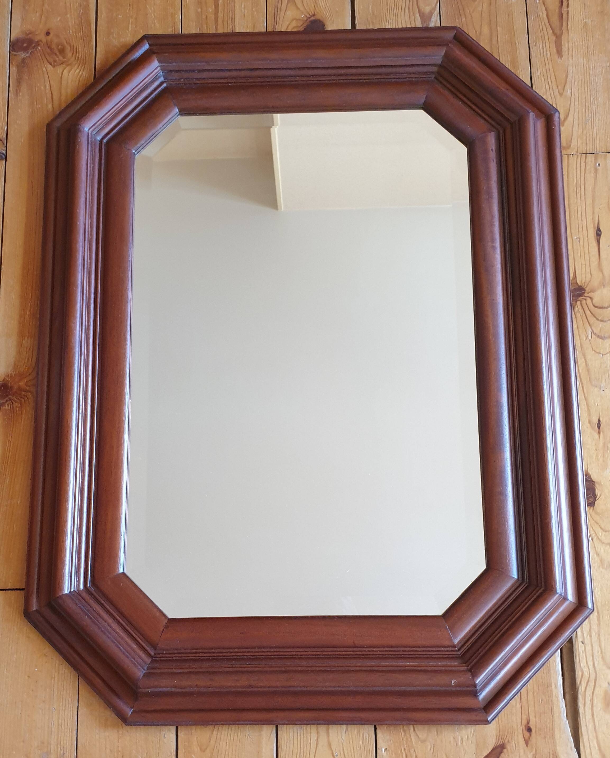 Large beveled mirror in cherry wood frame