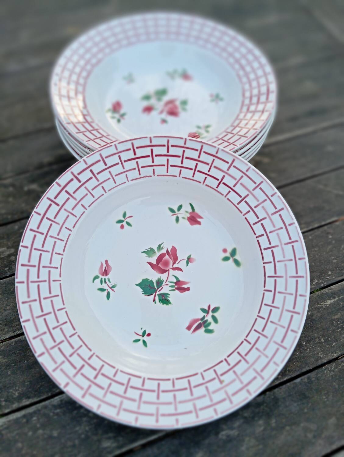 6 Rosa earthenware soup plates by Digoin Sarreguemines, 1950s