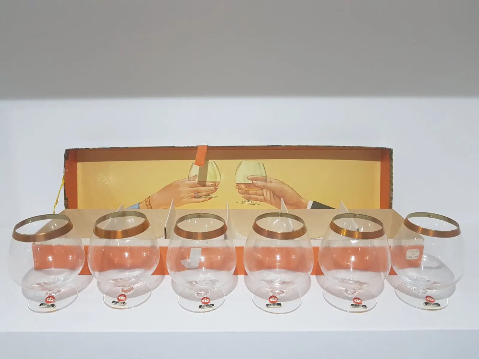 Set of 6 cognac glasses, clear glass, gilding / Austria / 1960s.