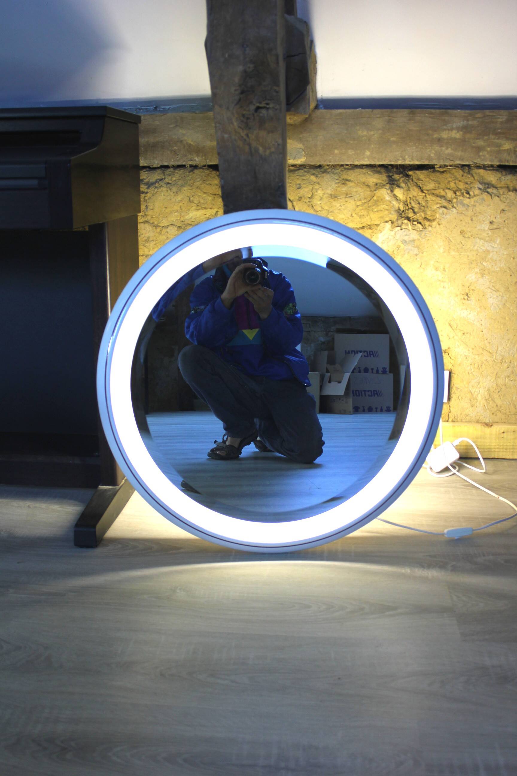 Large Round Vintage Ceramic Light Mirror Space Age 68cm - 1970s
