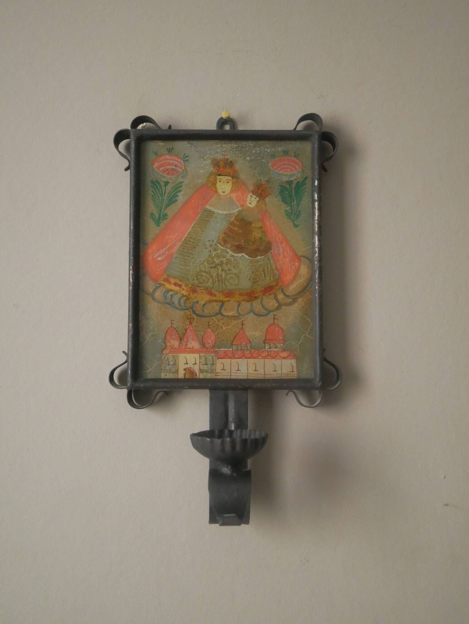 Wall light religious print wrought iron wall candle holder artisanal production countryside