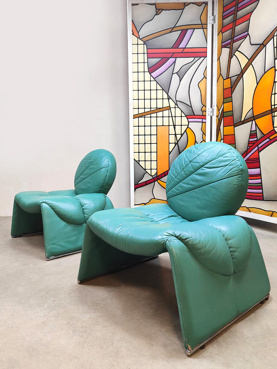 Vintage Italian design Calypso lounge chairs turquoise Vittorio Introine Saporiti