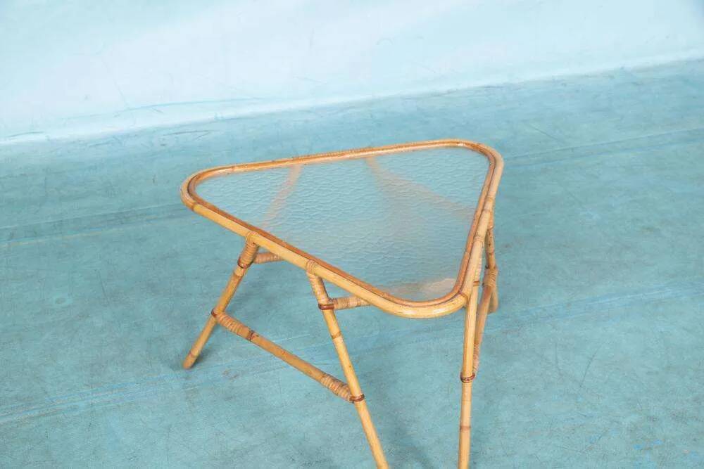 Vintage rattan coffee table from the sixties, bohemian rattan side table.