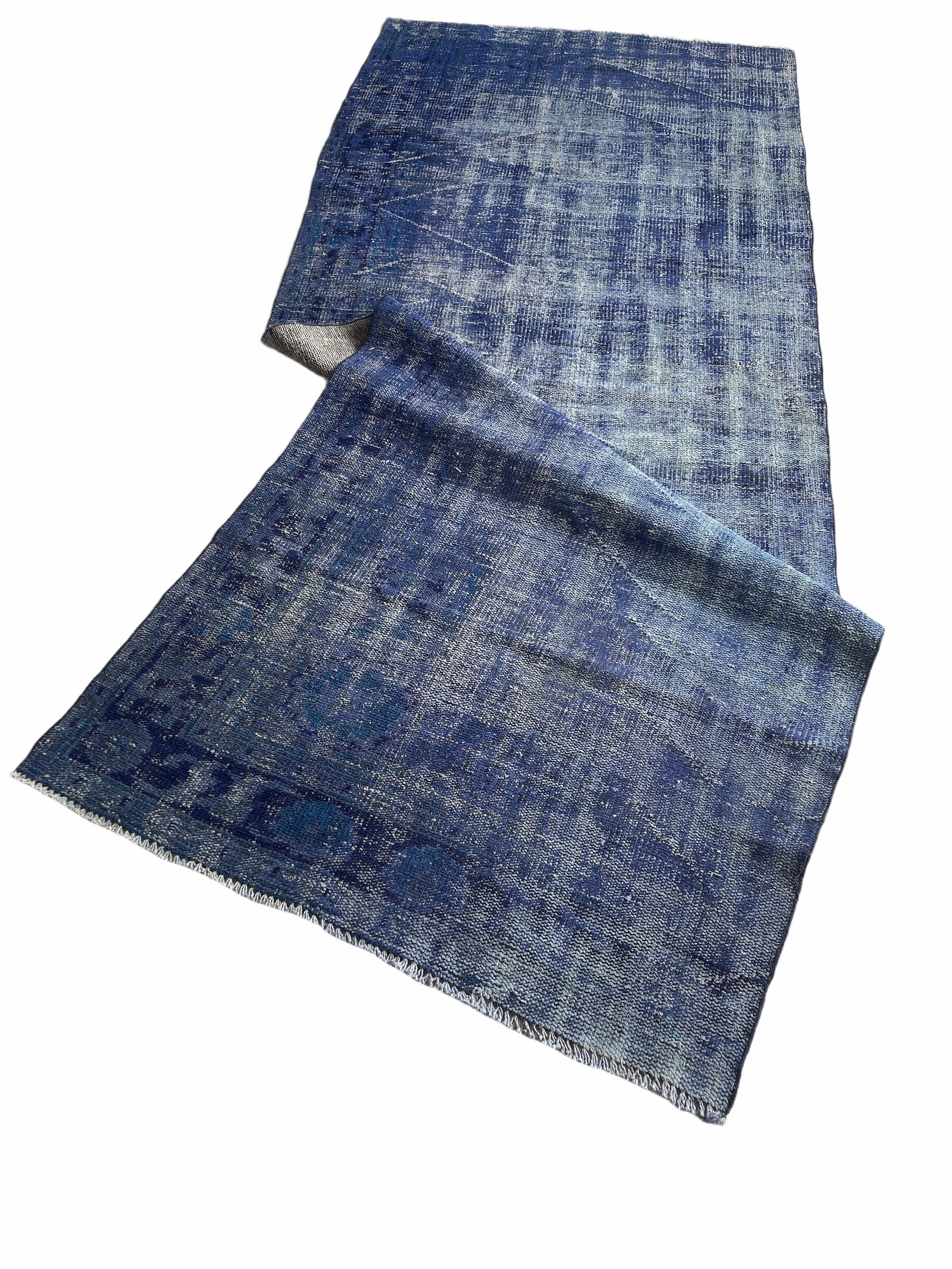Distressed overdyed turkish rug runner 274 x107 cm vintage wool blue rug runner