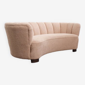 Danish curved banana sofa in a powder pink wool fabric, 1940s