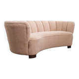 Danish curved banana sofa in a powder pink wool fabric, 1940s