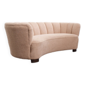 Danish curved banana sofa in a powder pink wool fabric, 1940s