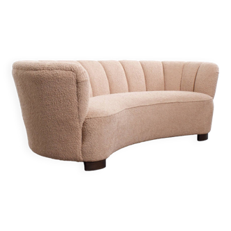 Danish curved banana sofa in a powder pink wool fabric, 1940s