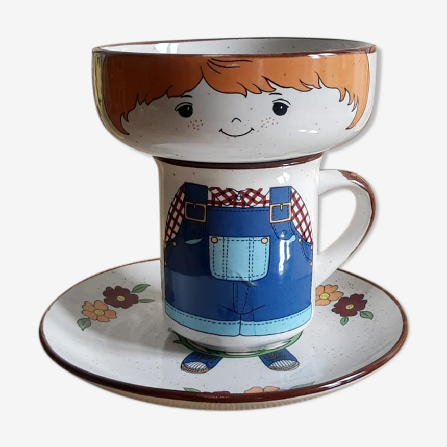 Set petit déjeuner enfant 3 pièces en grès 1 assiette 1 tasse et 1 bol  Vintage