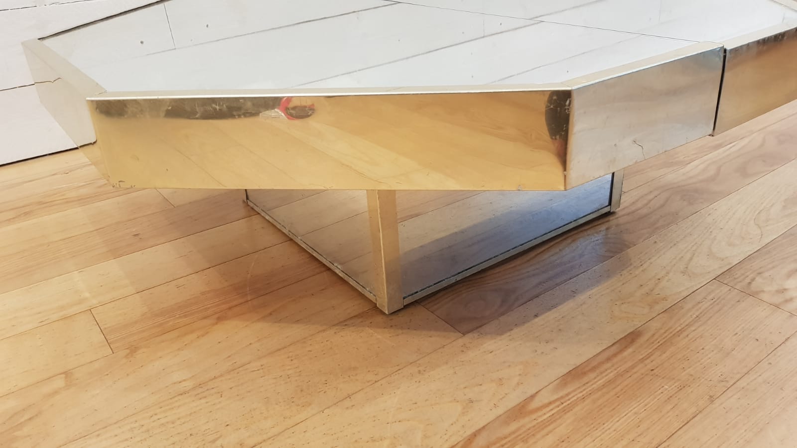 Low octagonal mirror and gold metal France 1970 bar table