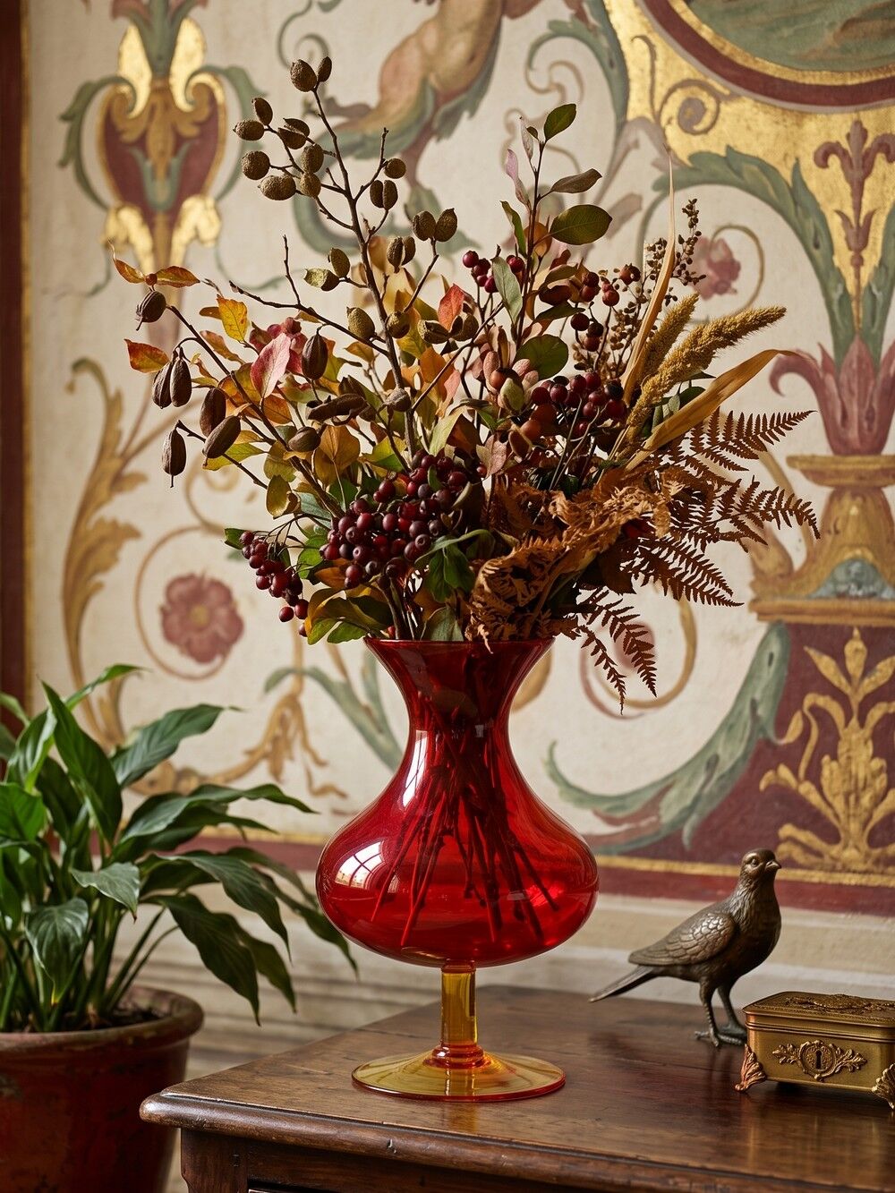 Vintage blown glass vase with "controlled" bubbles in red and yellow, 1960s-1970s.