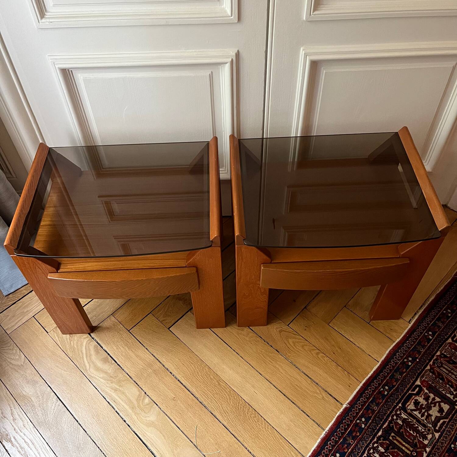 Pair of vintage bedside tables in wood and smoked glass