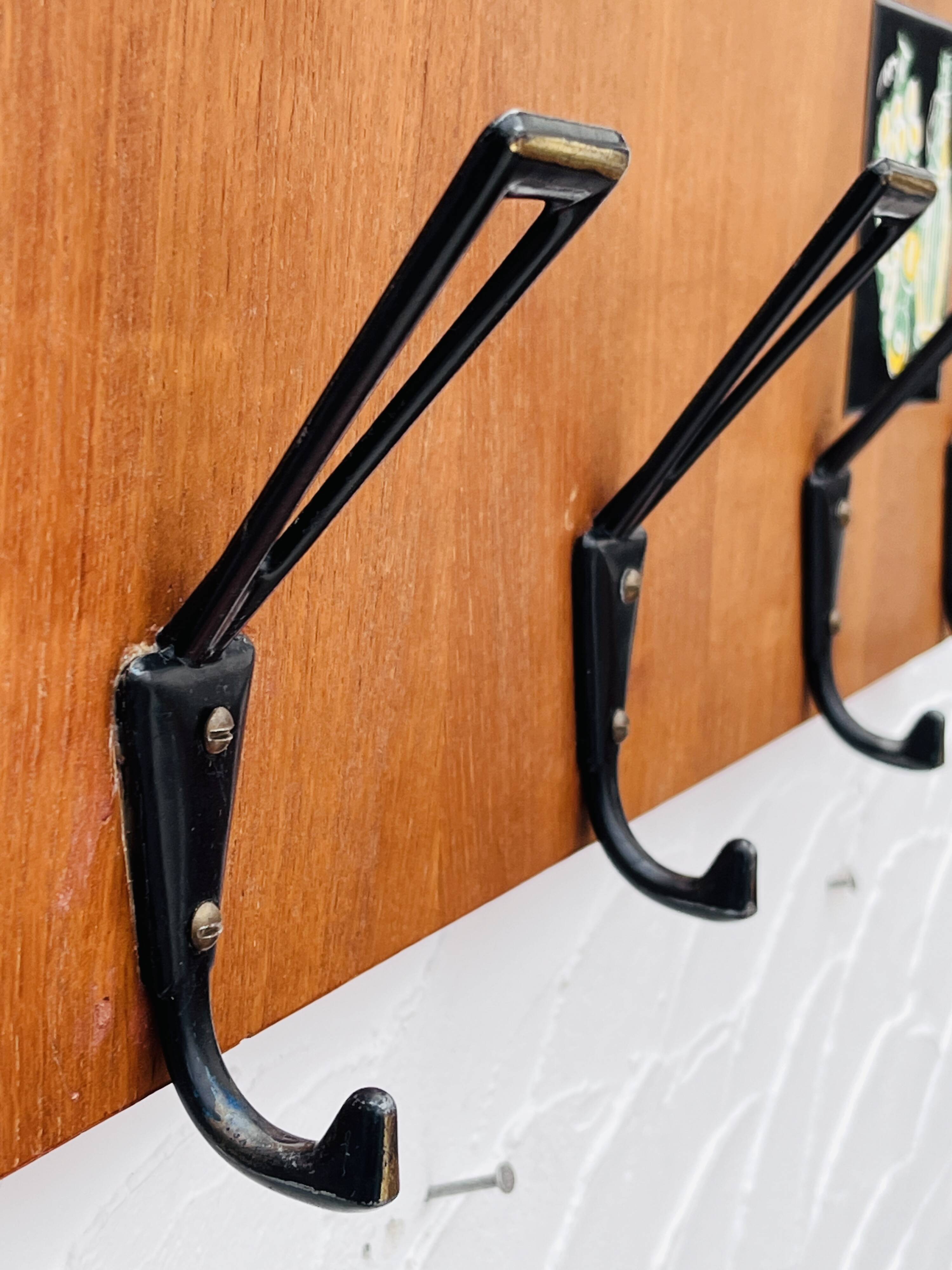 Vintage wooden wall coat rack mirror from the 1960s.
