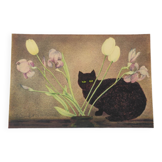 Le chat aux fleurs original hand-signed lithograph Alain Bonnefoit