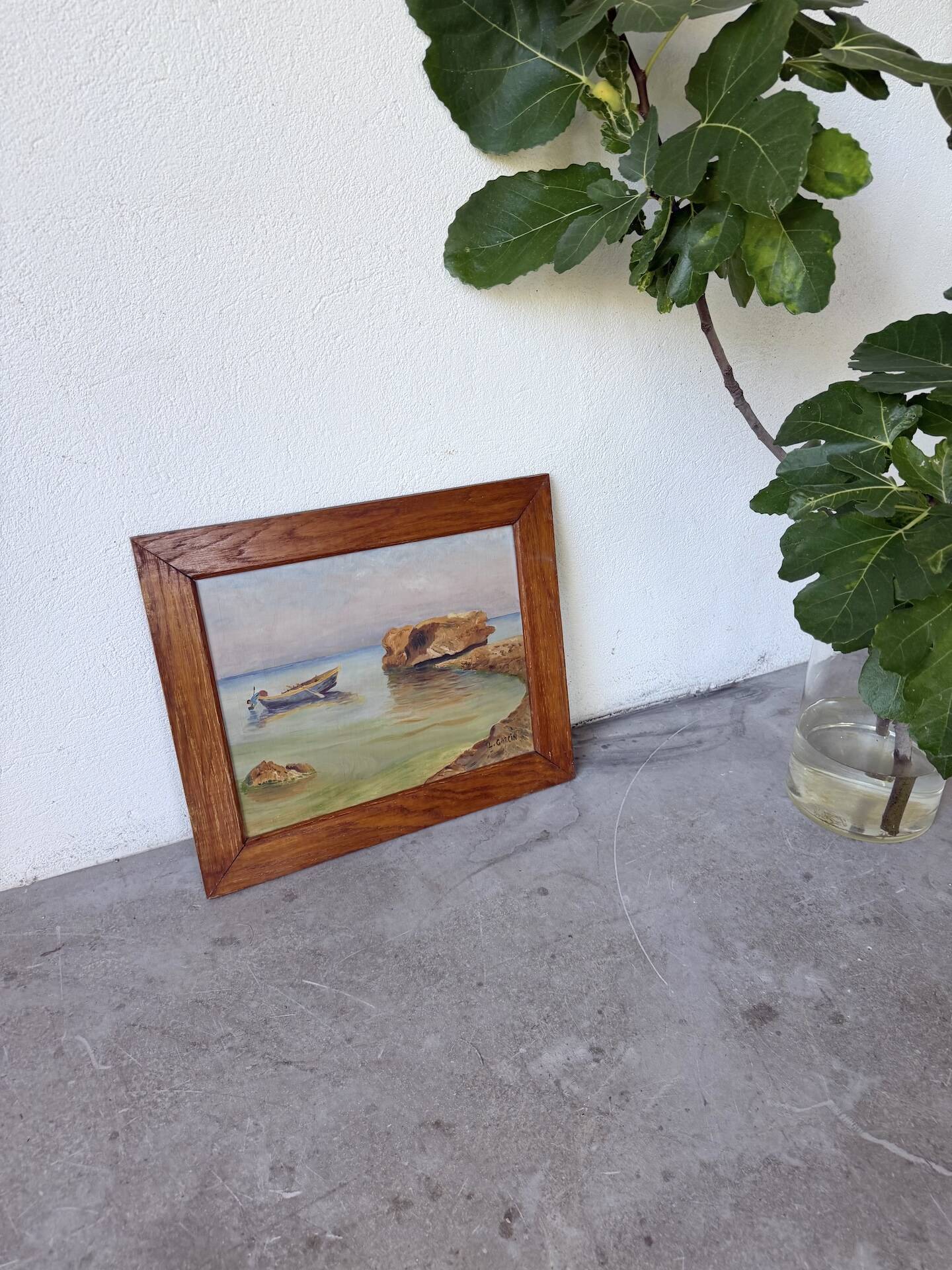 Framed oil painting fisherman L. Garcin