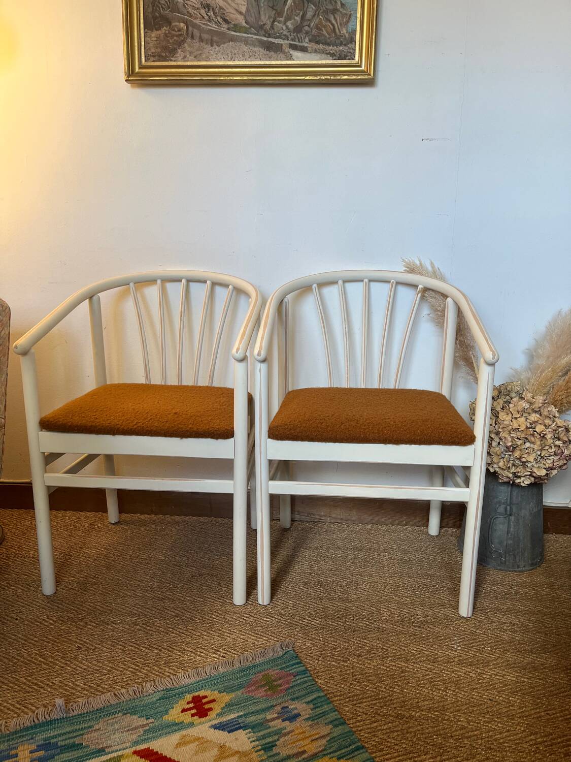 Pair of vintage wood and loop wool armchairs