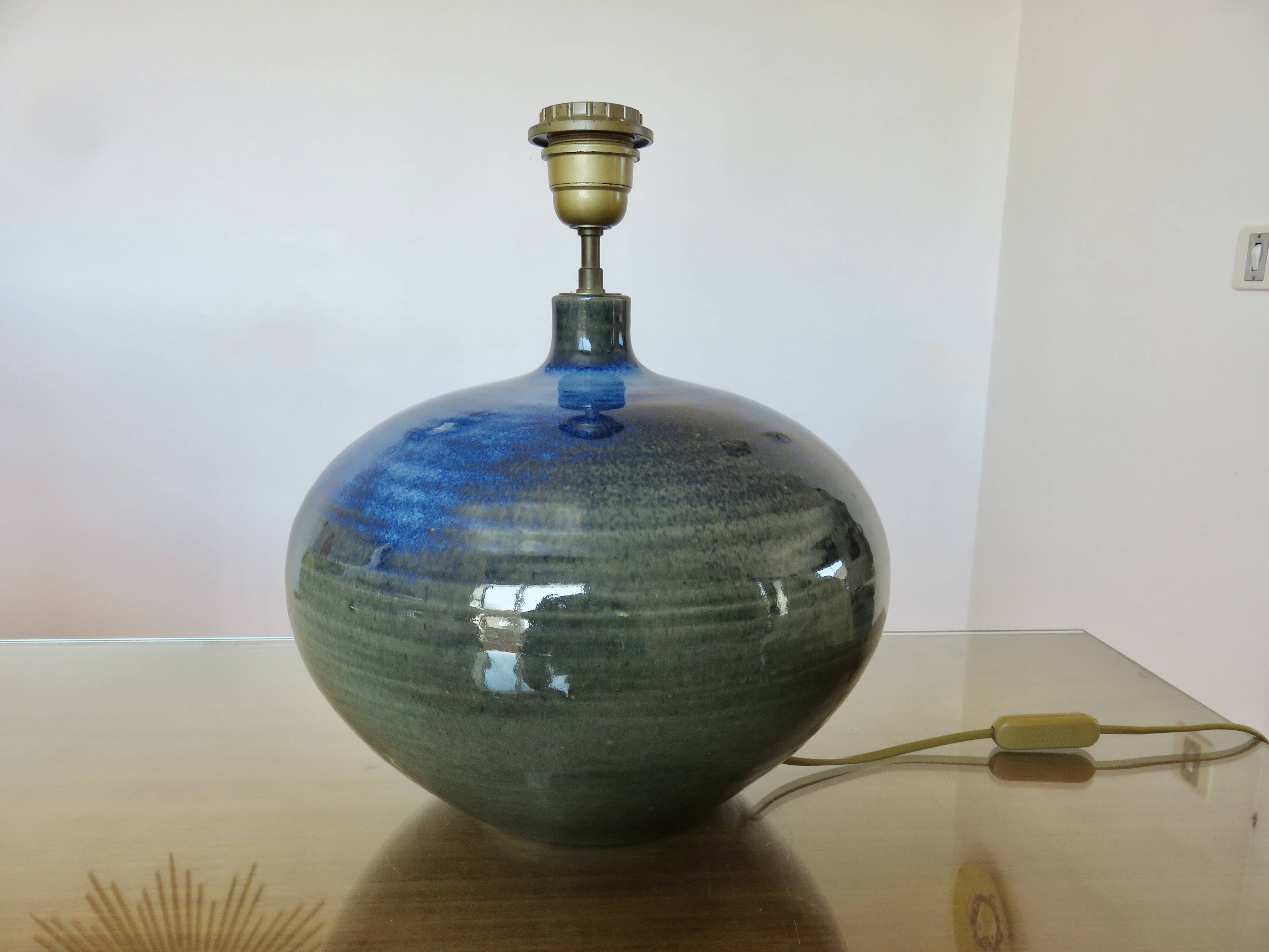 Impressive iridescent blue ceramic lamp with a gradient of green, circa 1960.