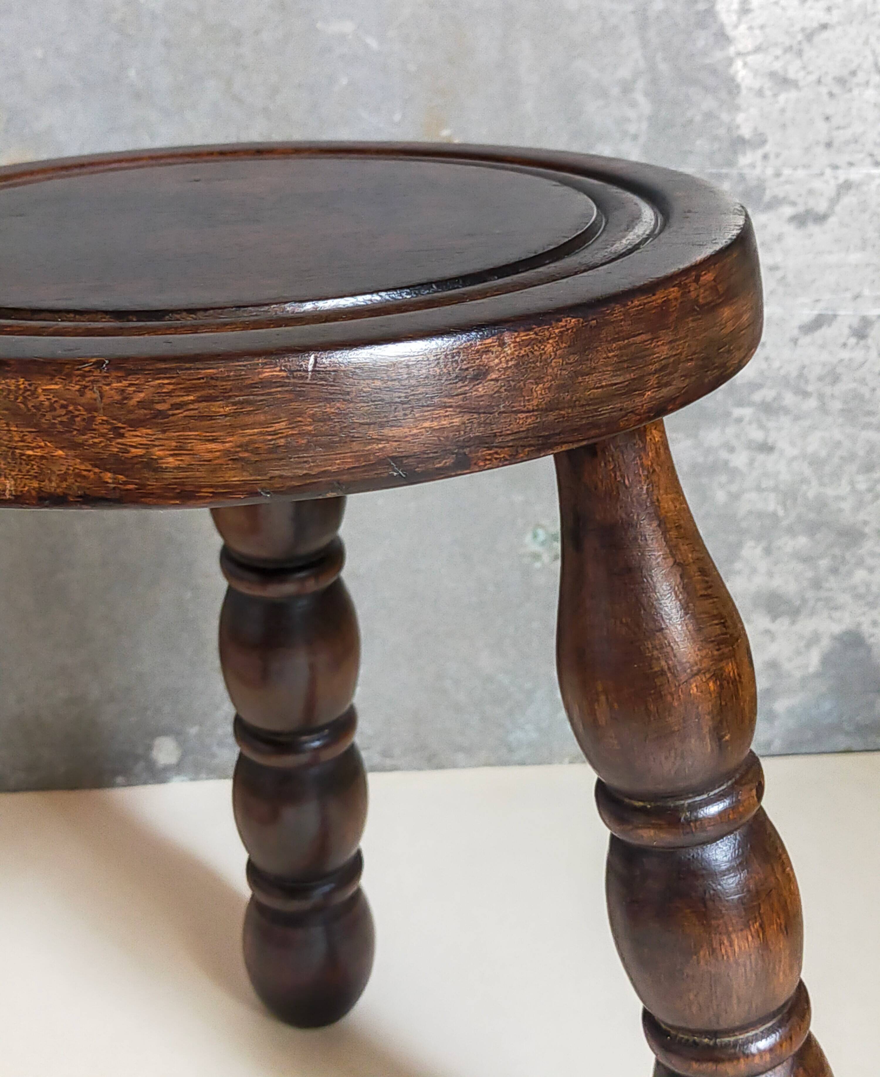 Vintage solid turned wood tripod stool