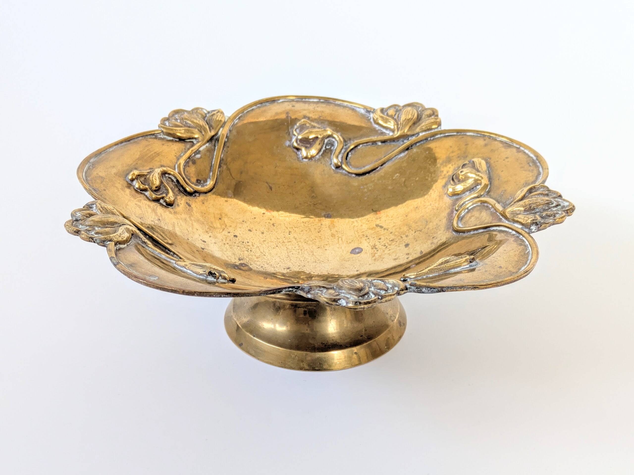 Brass Footed Bowl | Antique Art Nouveau Floral Motif