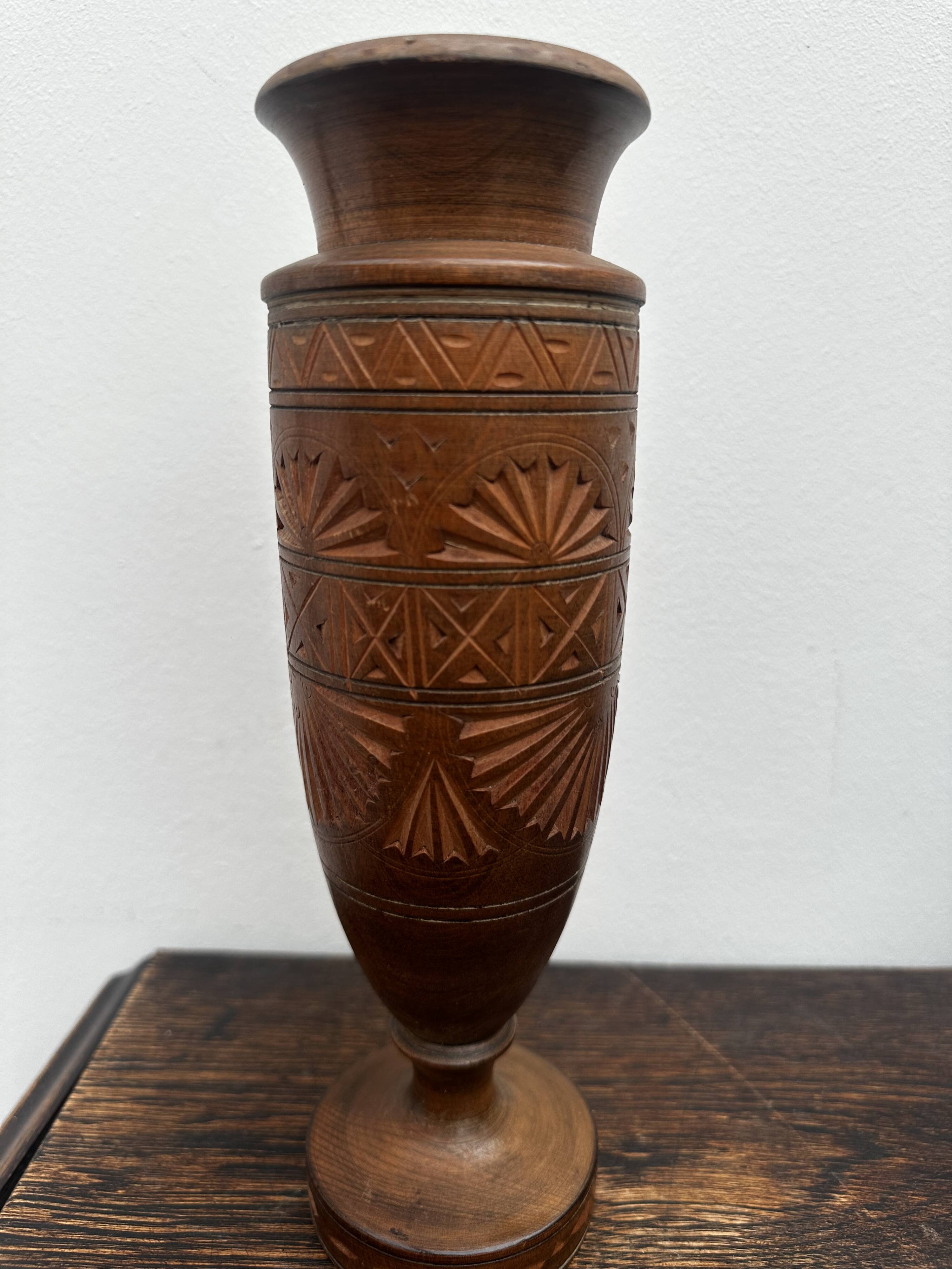 Turned and carved wooden vase, mid-20th century