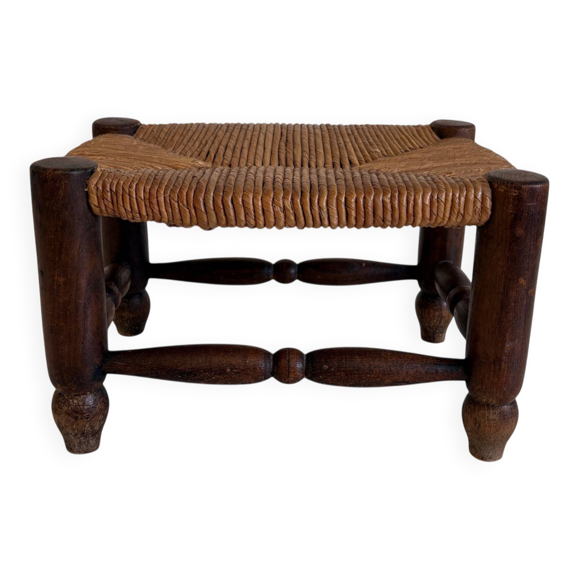Rustic French Low Footstool in Turned Wood and Rush, Early 20th Century